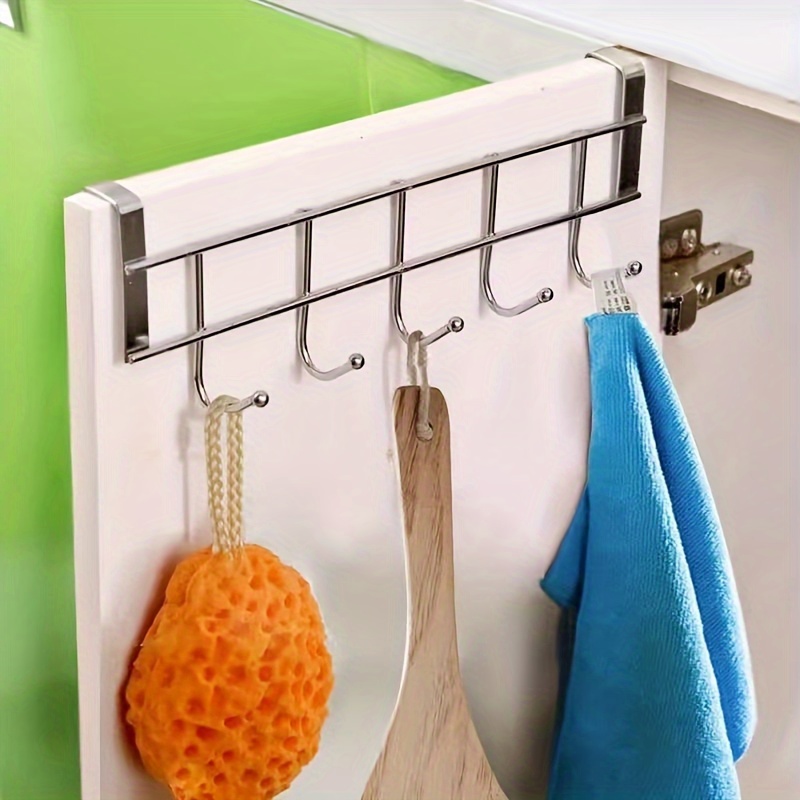 

5-hook Boho Style Stainless Steel Cabinet Organizer, Easy Install Over-door Shelf Hanger, Polished Finish, 1pc/2pcs, Metal Kitchen & Bathroom Storage Accessory