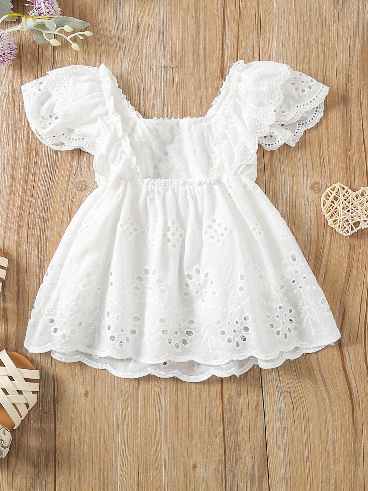 newborn girl short sleeve dress solid color hollow ruffles - Temu