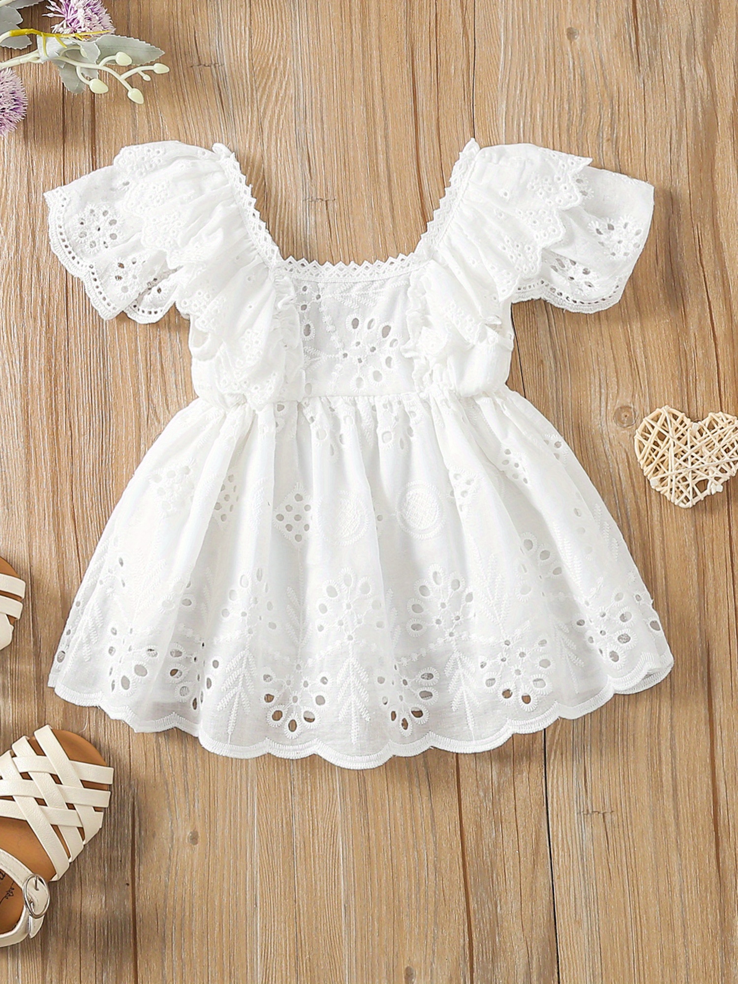 newborn girl short sleeve dress solid color hollow ruffles - Temu