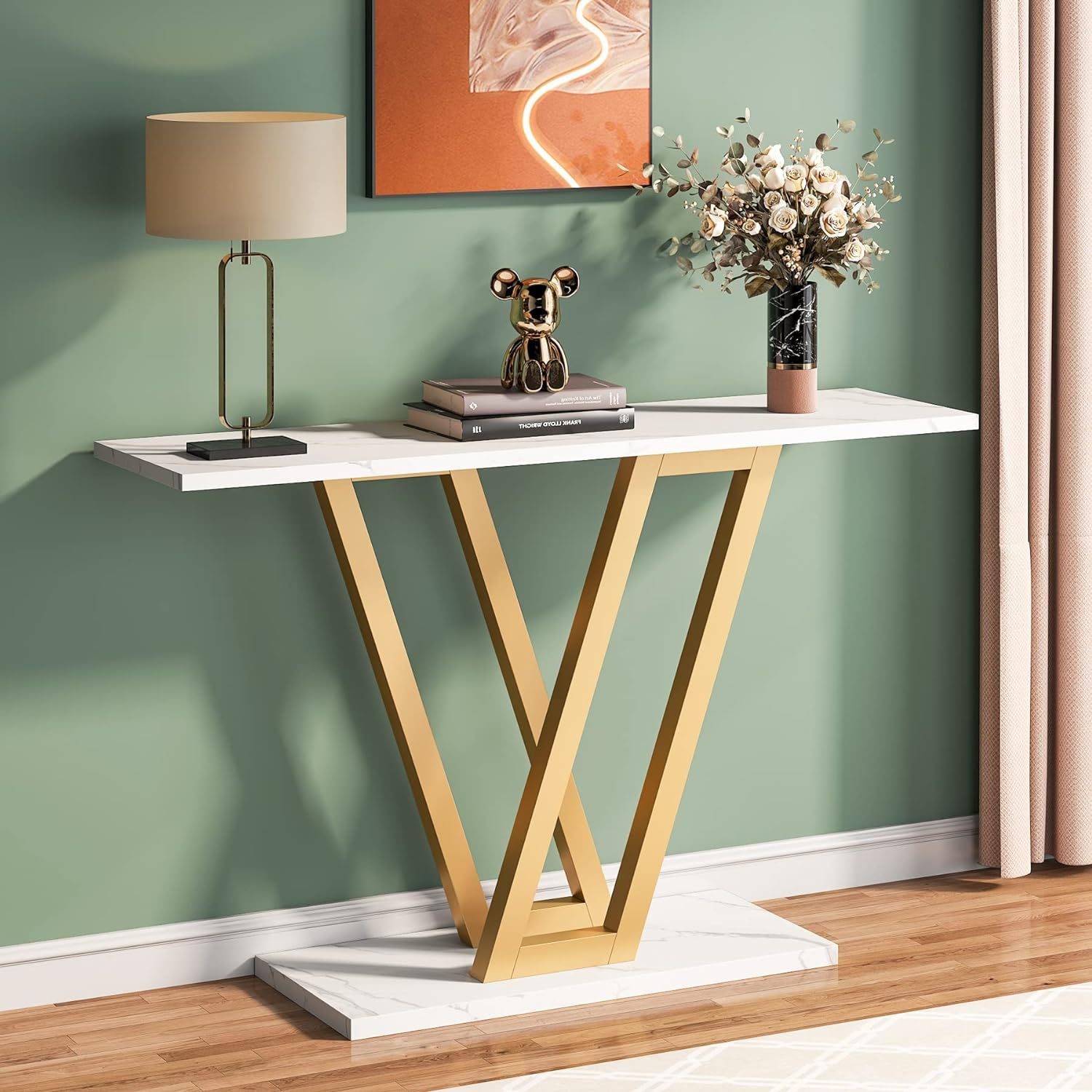 Golden Console Table With Stable Metal Frame, Modern Hallway Table For Entryway, 43 Inch Entryway Tables Narrow Sofa Table For Living Room, Easy Assemble