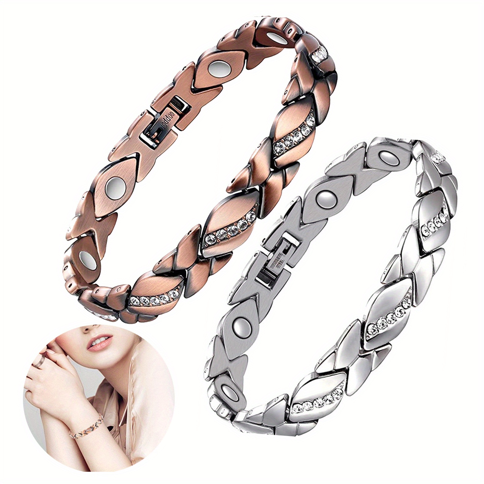 

2 Pieces Pure Copper Magnetic Bracelets For Women - Elegant Wellness Accessory With Lymphatic Drainage Properties, Crystal Decoration - Perfect For Mother's Day And Christmas, Includes Sizing Tool