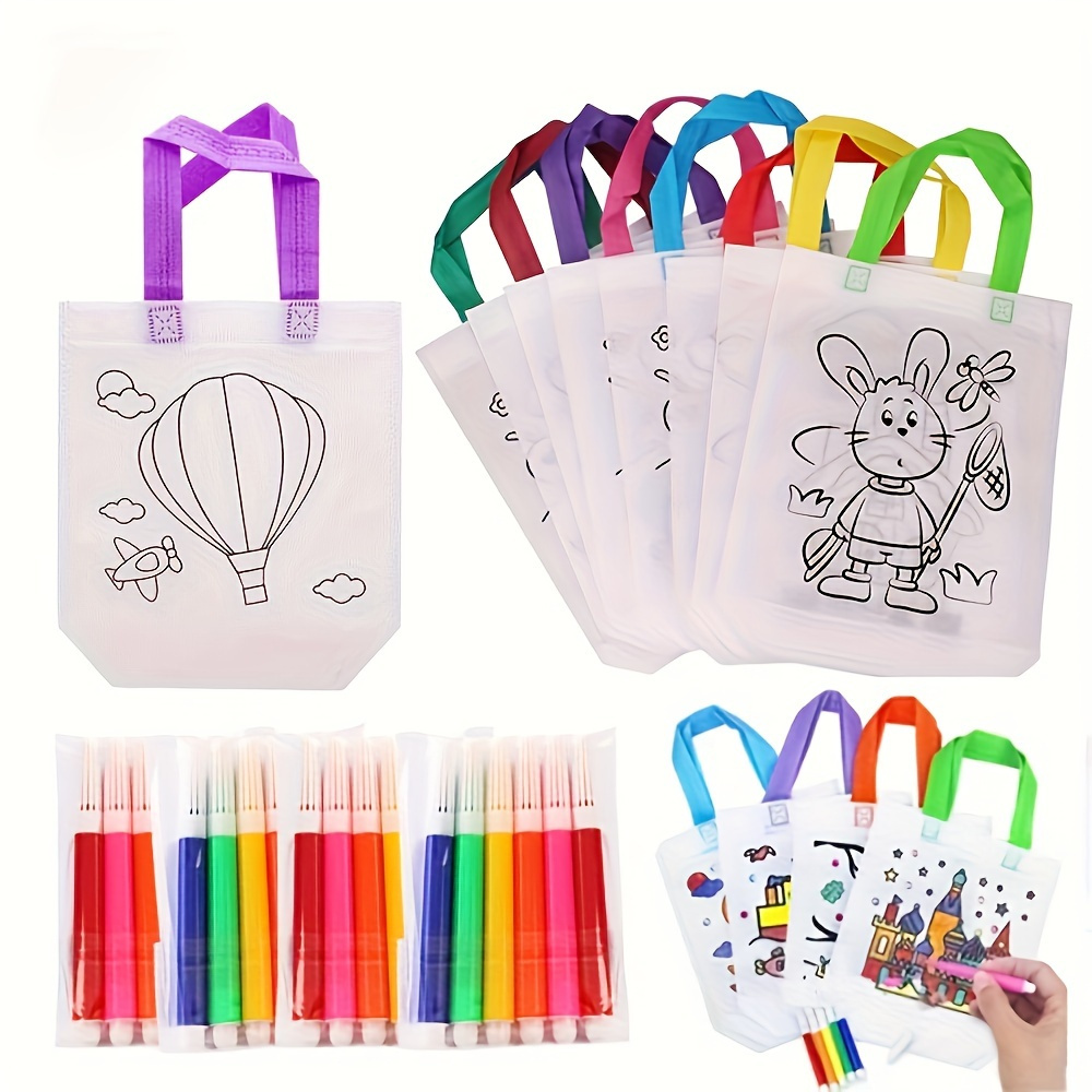 

10pcs Diy Doodle Bags With Color Markers - Reusable Mini Canvas Tote Bags For Carnival, Art Parties & Gifts - Includes 10 Graffiti Pens