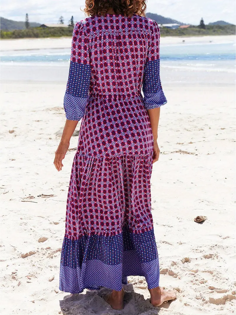 Women's Floral Print Long Dress Half Sleeves V-Neck Slit Hem Flowy A-Line Dress for Summer Women's Floral Print Long Dress Half Sleeves V-Neck Slit Hem Flowy A-Line Dress for Summer