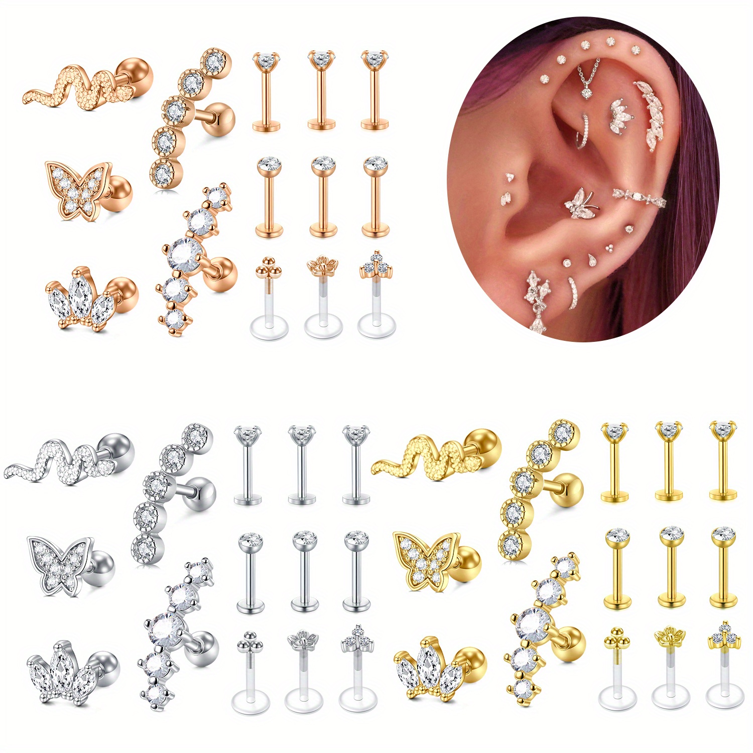 

14-piece Set Of Shiny Cz Cartilage Earrings And Body Piercings - Perfect For Everyday Wear And Festive Gifts - 316l Stainless Steel With Zirconia Gemstones