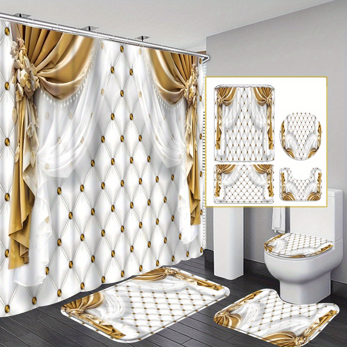 

1pcs/ 4pcs Style Shower Curtain Gift Modern Home Bathroom Decoration Curtain And Toilet Floor Mat 3-piece Set With 12 Shower Curtain Hooks