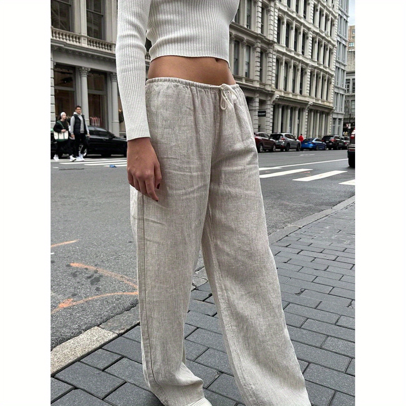 

Women's Stripe Print Pants Drawstring Low Rise Straight Leg Trousers Sleep Bottoms