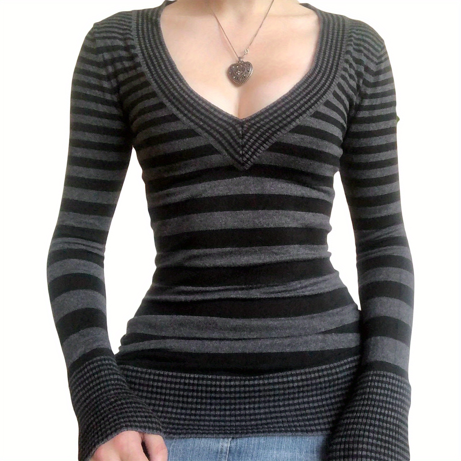 

Women's Spring Autumn Slim Knitwear Long Sleeve V Neck Striped Knit Tops Sweater