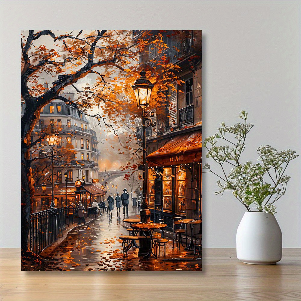 

Parisian Street Scene Canvas Print - Vintage Autumn Boulevard Artwork For Living Room, Bedroom, Studio Hallway - Unframed Wall Decor, 12x16inch - Light Luxury Style Home Decoration