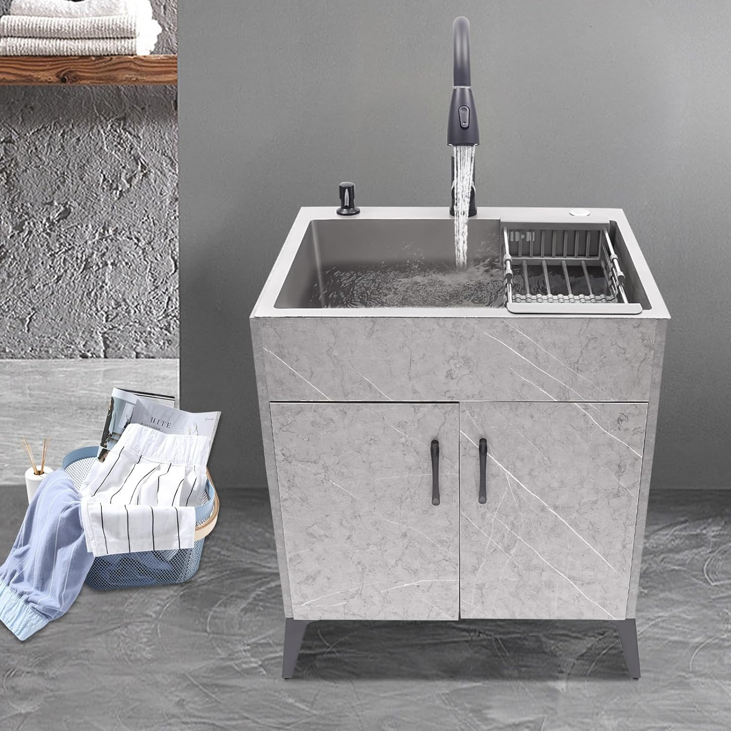 30 Inch Stainless Steel Laundry Sink With Cabinet & Pull-Out Sprayer Faucet - Double Basin Utility Sink