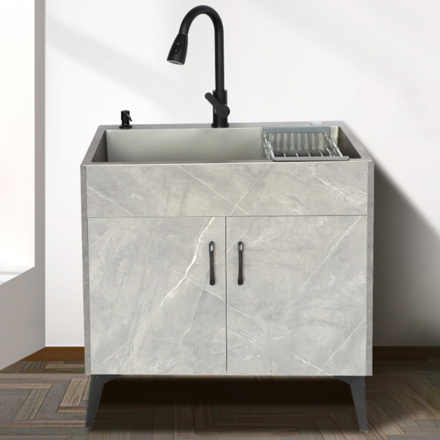 30 Inch Stainless Steel Laundry Sink With Cabinet & Pull-Out Sprayer Faucet - Double Basin Utility Sink