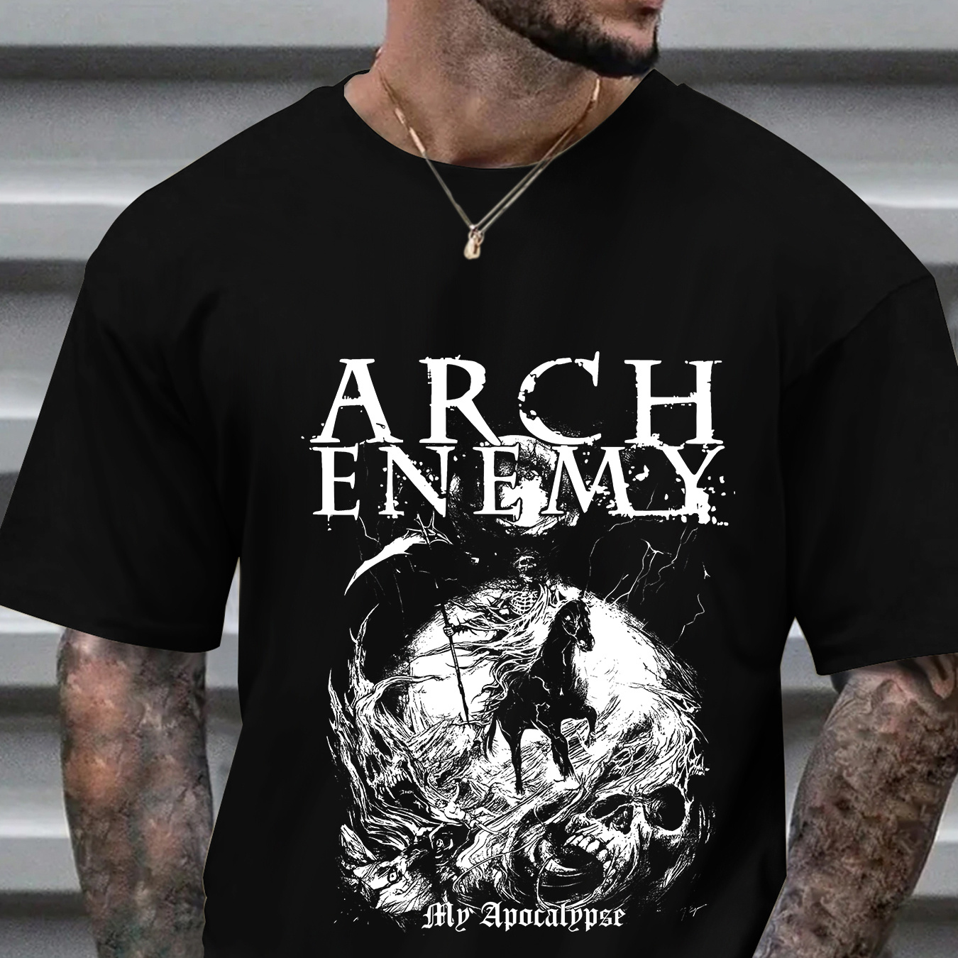 

Trendy Skeleton Warrior Riding Warhorse Graphic Print, Men's Casual Round Neck Short Sleeve T-shirt, Versatile Outdoor Comfy Top For Summer