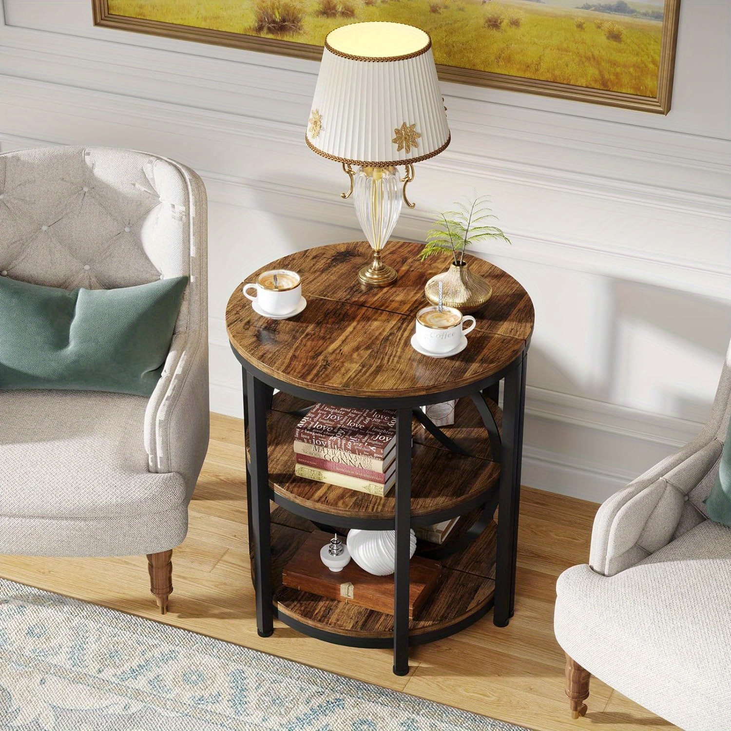 

2pcs Half-circle End Table, 3-tier Side Table With Metal Frame, Half Moon Small Coffee Accent Table Bedside Table For Living Room, Bedroom