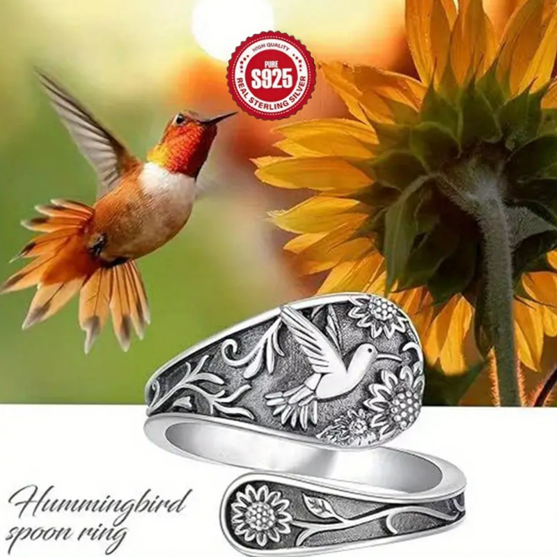 

Elegant Adjustable Vintage Spoon Ring With Sunflower & Hummingbird Design - 925 Sterling Silvery, Perfect For Weddings & Celebrations