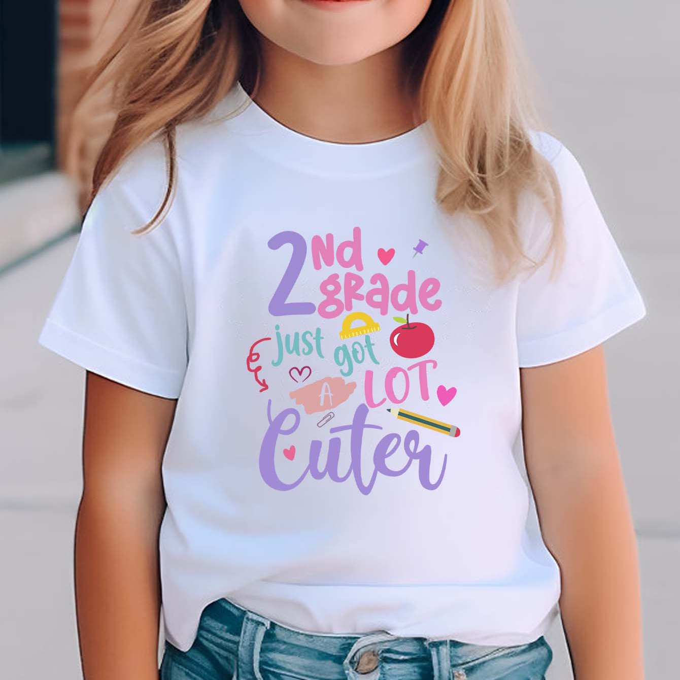 

2nd Grade Print Girls' Casual T-shirt, 100% Cotton, Soft & Elastic, Comfy Crew Neck Short Sleeve Top, Summer Wear