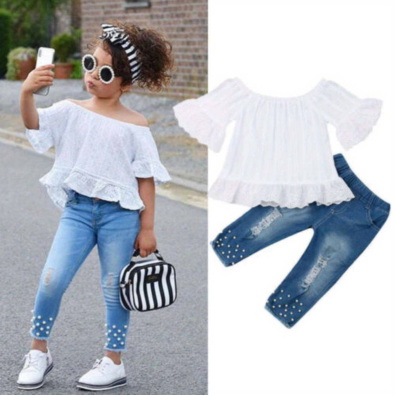 

1-6 Years Toddler Girl Denim Pant Clothes Set 2pcs Off Shoulder Tops+beading Denim Pants Baby Summer Outfits, For Outdoor