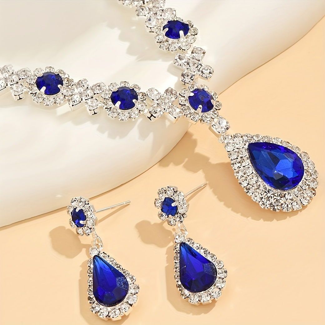 

2pcs Set Of Jewelry Cubic Zirconia Blue Droplet Claw Chain Necklace Earrings Fashion Design 2-piece Set Blingbling Gorgeous Light Luxury Retro Trend Versatile Women's Daily Festival Gift Party Wearing