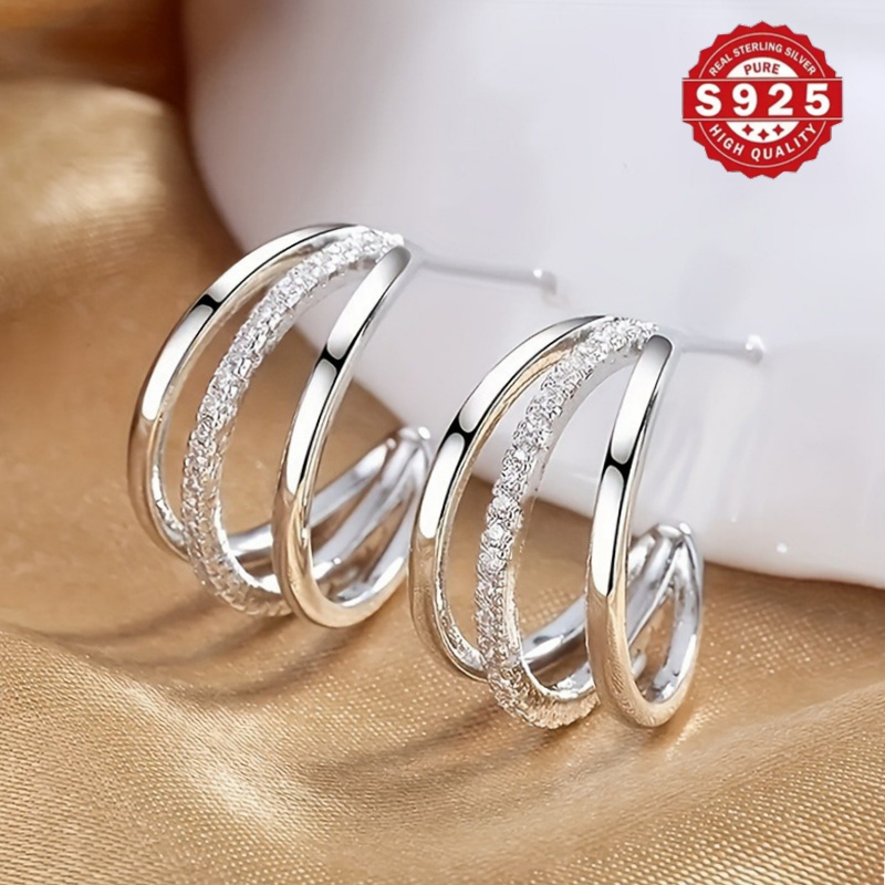 TEMU Women's Temperament Style Earrings Made Of Three-layer 925 Silver C-rings With Synthetic Zirconia Inlay