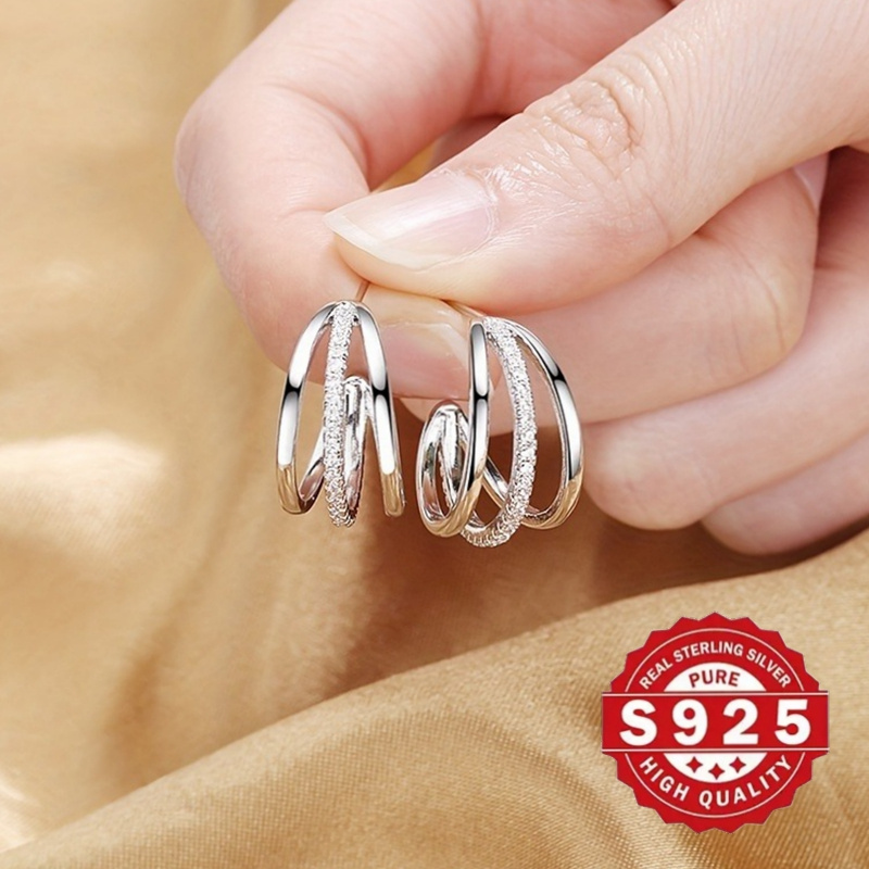 

1 Pair Vintage Style 925 Sterling Silver Hoop Earrings, Coil Design With Synthetic Zirconia Stones, Elegant Simple Women's Jewelry For Wedding/vacation, Valentine's Day Gift, 5g, Hoop Earrings