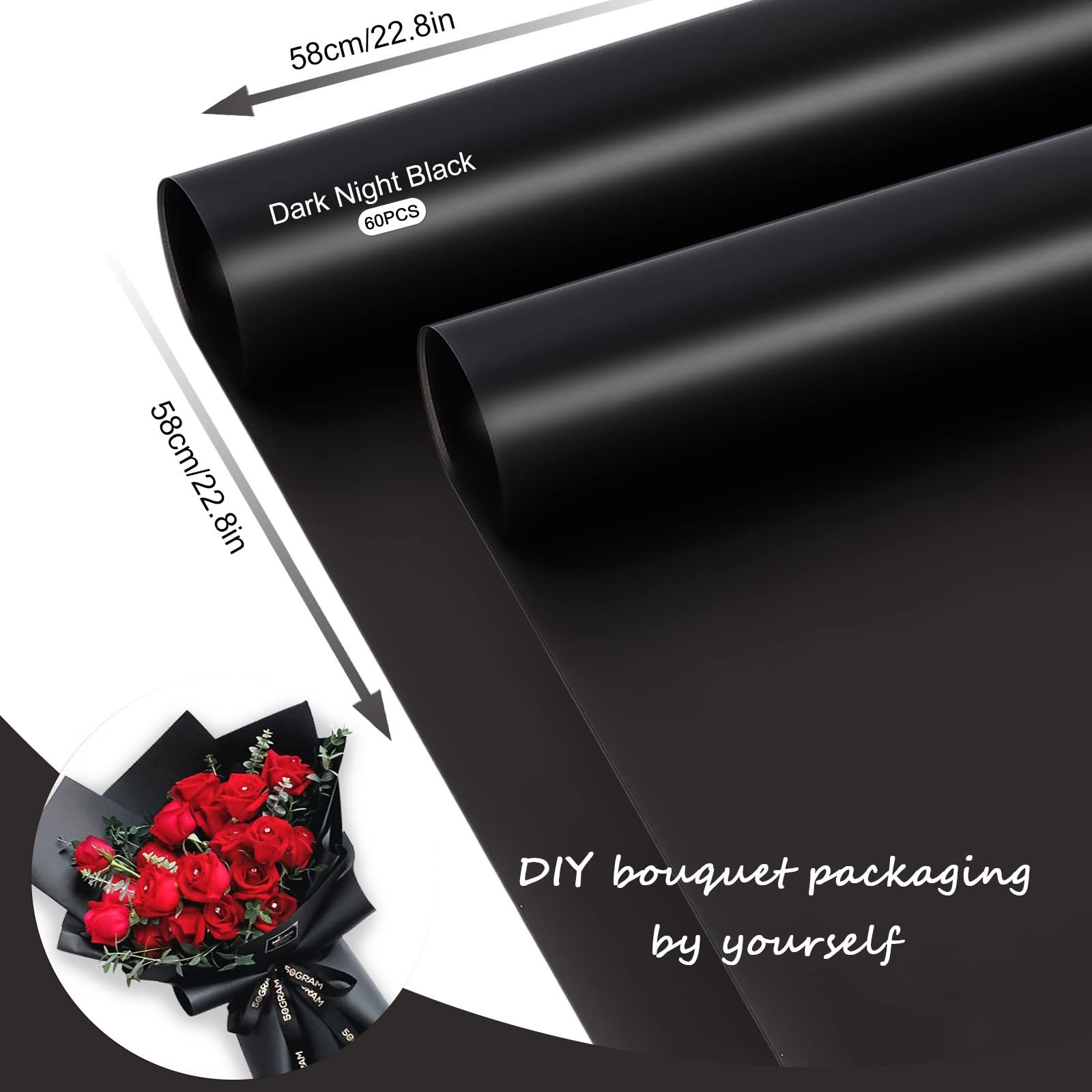 Image of 60 Sheets Of Black Waterproof Floral Wrapping Paper, Ideal For Bouquet Wrapping, Gift Packaging, Craft Projects, Parties, Birthdays, Weddings, And Christmas