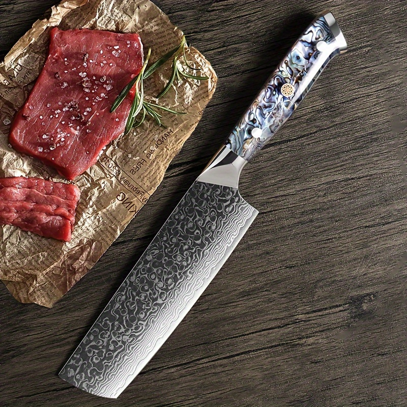 

7inch Damascus Kitchen Knife, Professional Vg10 Damascus Steel Meat Cooking Chef Knife, Abalone Shell+resin Ergonomic Handle, Separable Beef, Salmon, Vegetables, Chef's Knives Including Gift Box