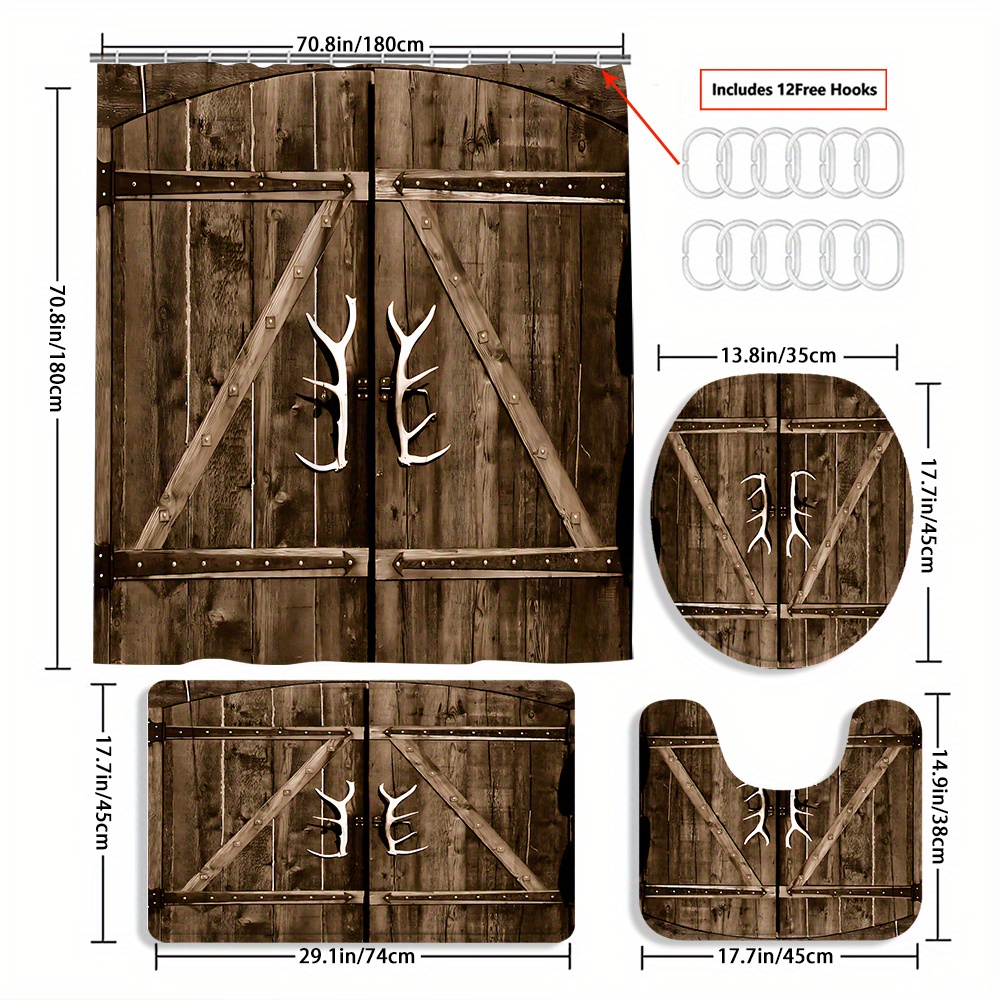 TEMU 4pcs Antlers Portal Curtain Shower Curtain Decoration, Beautiful Housewarming Gift Decoration, Shower Curtain And Toilet Floor Mat Three-piece Set Comes With 12 Shower Curtain Hooks