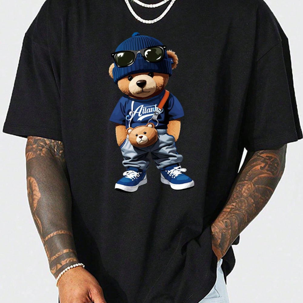 

Men's Bear Print Round Neck Short Sleeve T-shirt