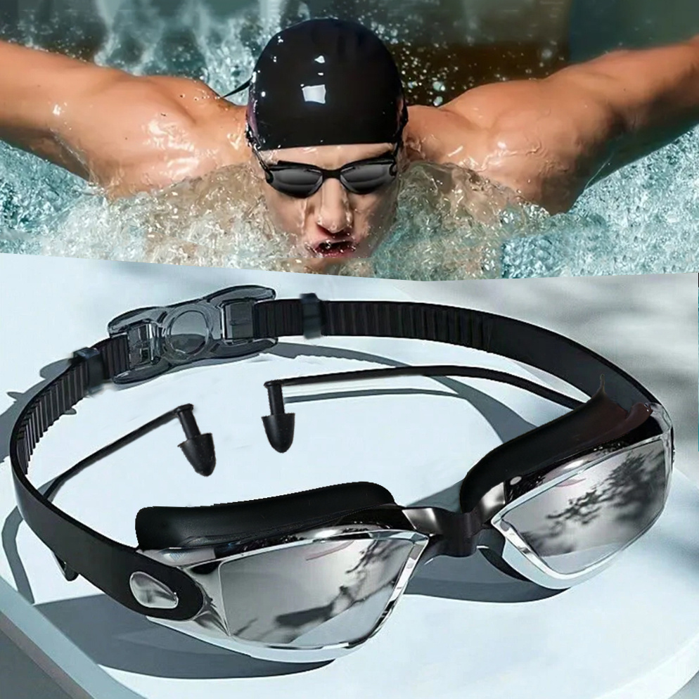 

Lunettes de Natation Anti-Buée Étanches HD avec Bouchons d'Oreilles - Grand Cadre, Électroplaqué, Design pour - Sangles en Silicone à Ajustement Rapide, Large - pour le &