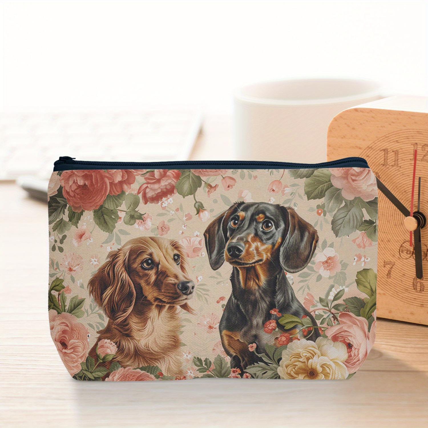 

1pc Cute Dachshund & Floral Print Pouch, Zipper Storage Bag, Portable Makeup Bag