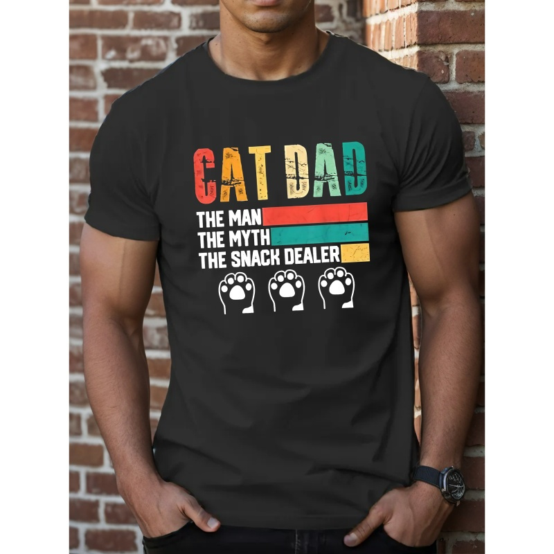 

1pc Cat Dad Polyester T-shirt - Casual Crew Neck Short Sleeve Top With Geometric Pattern For Adults - Summer Knit Fabric Tee, Cat Shirt