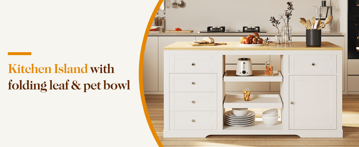 Royalcraft 59 Inch Large Kitchen Island with Power Outlet And Pet Bowl for Lab, Organized Storage Space with Rubber Wood Drop-Leaf Countertop, Farmhouse W Thick Table Top Drawer