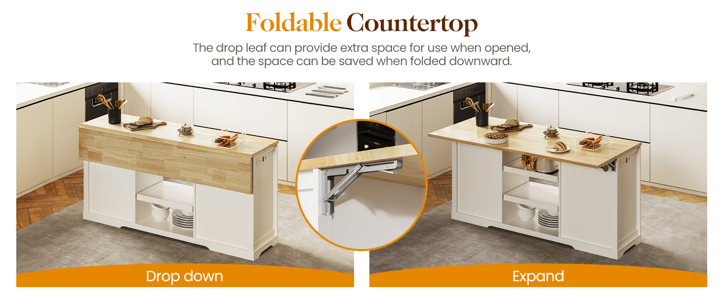 Royalcraft 59 Inch Large Kitchen Island with Power Outlet And Pet Bowl for Lab, Organized Storage Space with Rubber Wood Drop-Leaf Countertop, Farmhouse W Thick Table Top Drawer