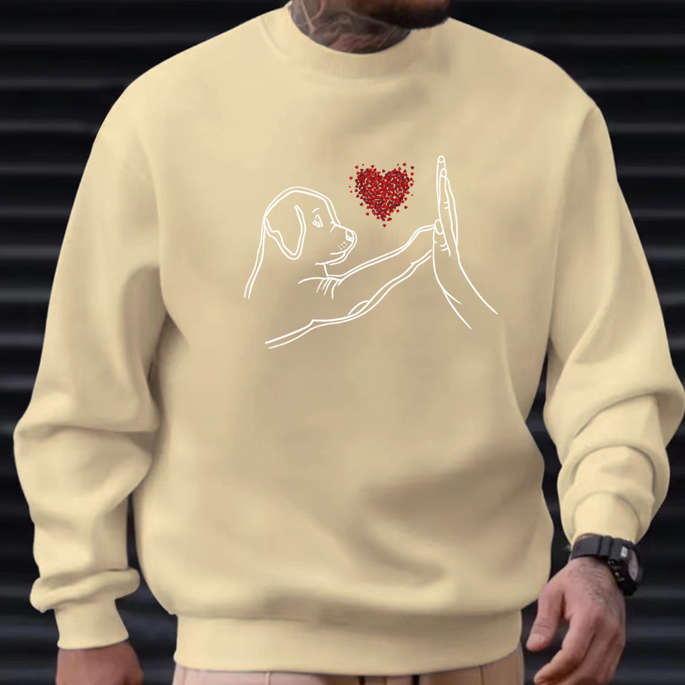 

Dog And Human With Heart Pattern Printed Men's Trendy Sweatshirt With Comfy Long Sleeves, Perfect For Autumn Winter Daily Wear & Outdoor Activities