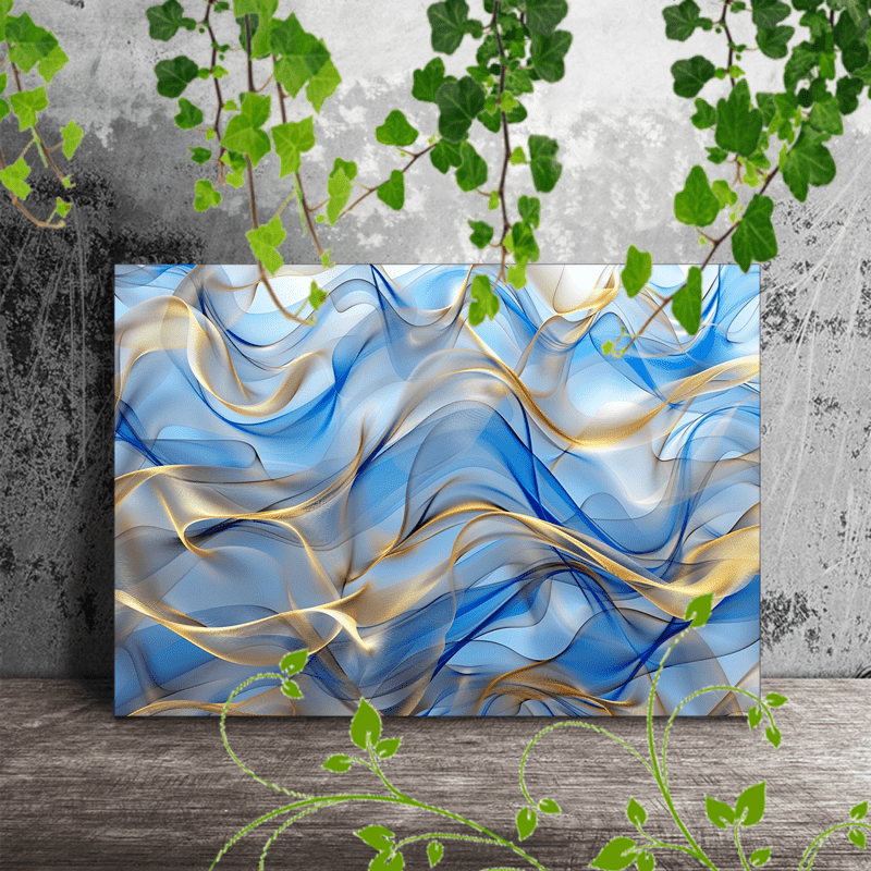 

1pc Wooden Framed Canvas Painting Artwork Very Suitable For Office Corridor Home Living Room Decoration Abstract Waves, Blue And Gold, Flowing Lines