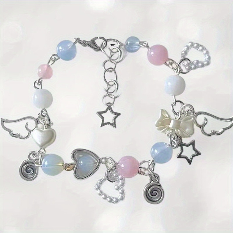 

1pc Cute Wings Beaded Chain Copper Silvery Bracelet For Girls Birthday Party