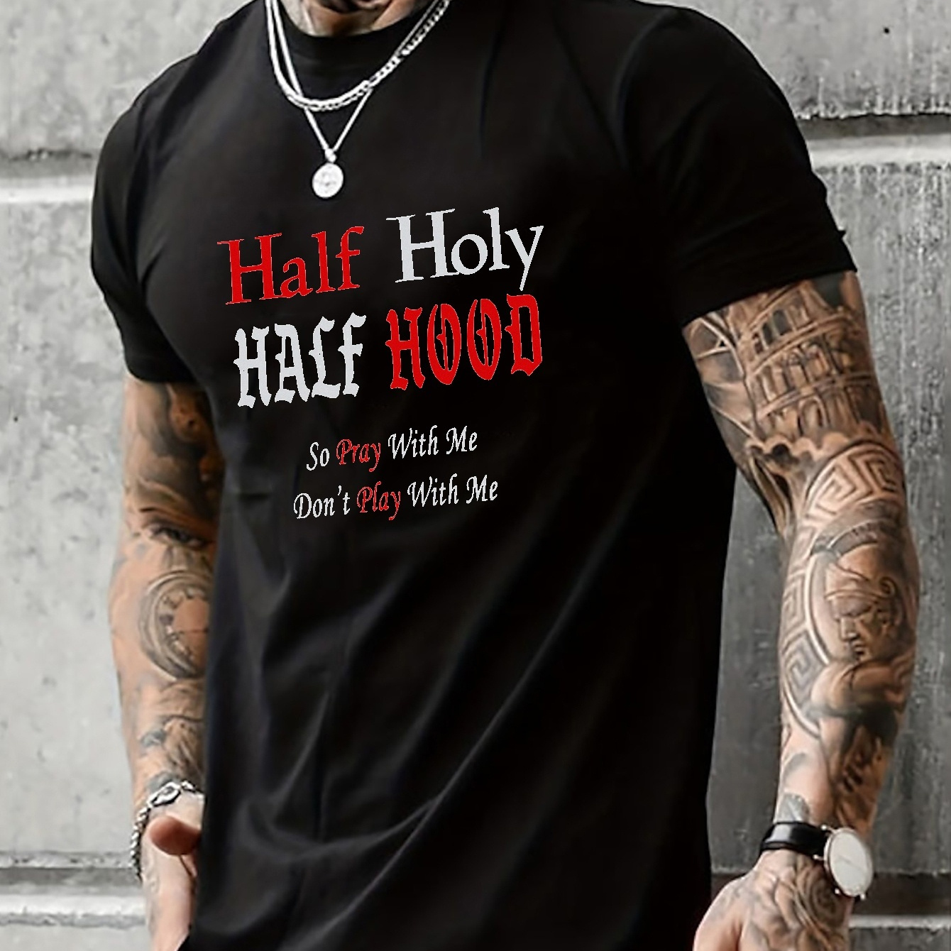 

Plus Size Half Holy Half Hood Graphic Print T-shirt - Loose-fit Oversized Design, Stylish Casual Fashion, Short Sleeve For Summer - High-quality Mens Clothing, Perfect For Plus Size Men