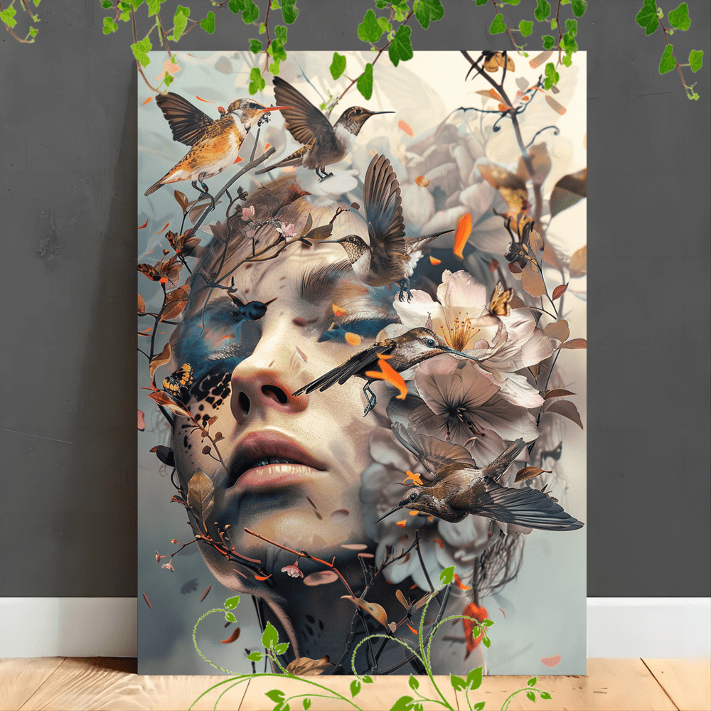 

1pc Wooden Framed Canvas Painting Artwork Very Suitable For Office Corridor Home Living Room Decoration Woman's Face With Flowers And Birds, Surreal (1)