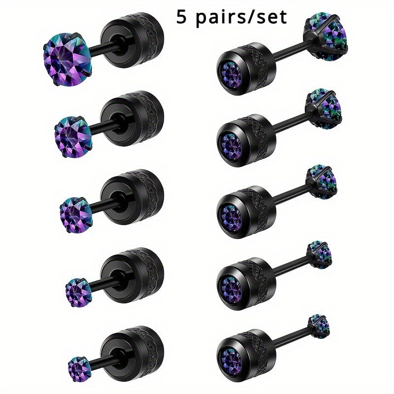 

5 Pairs/ Set Of Titanium Steel Spiral Earrings With Black Hypoallergenic Earrings Inlaid With Colored Zircon For Men's Jewelry Accessories