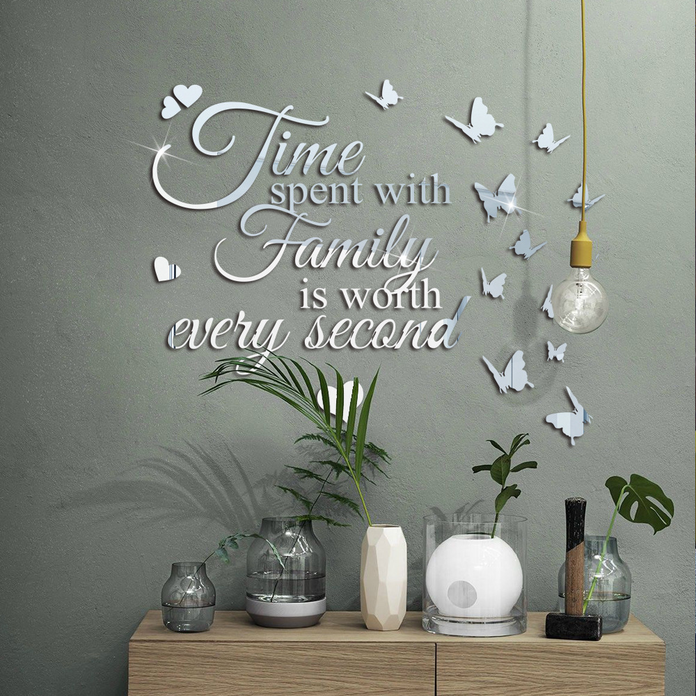 

time Spent With Family Is Worth Every Second" Butterfly Heart Acrylic Mirror Wall Stickers, Three-dimensional Self-adhesive Diy Home Decoration, For Living Room Dining Room