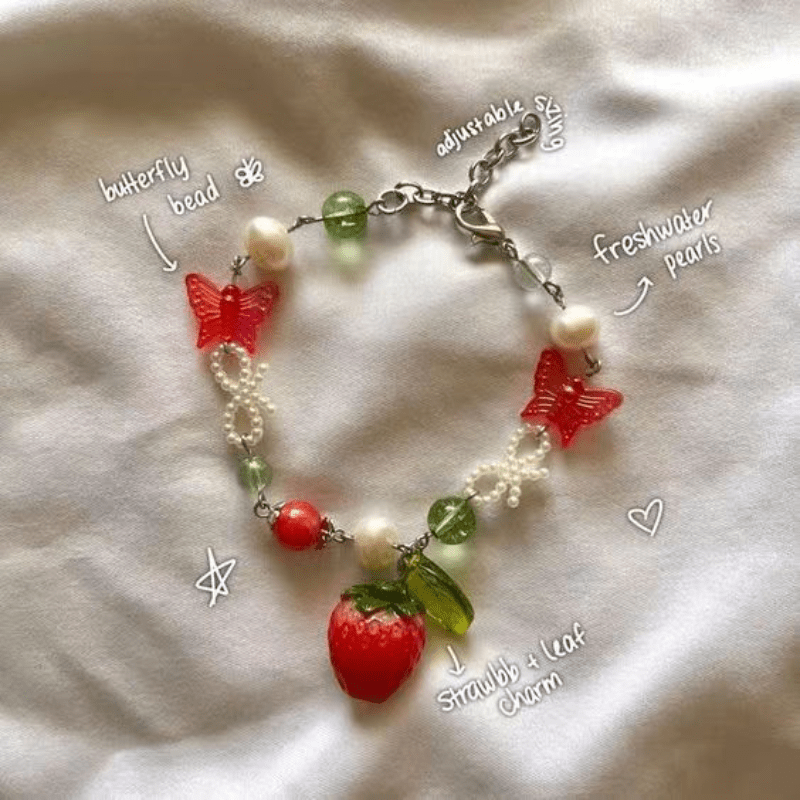 

1pc Cute Strawberry Fruit Butterfly Knot Sweet Style Y2k Style Metal Faux Pearl Faux Gemstone Multicolour Bracelet Women Daily Gift Party