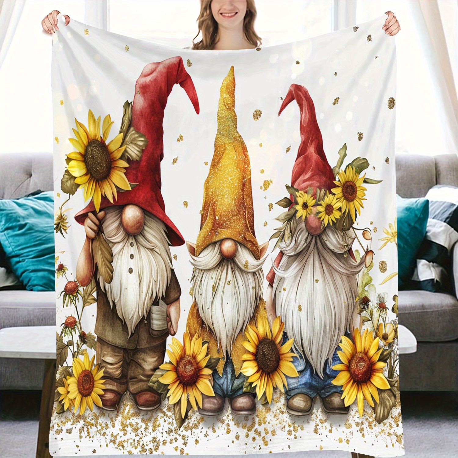 

Cozy All-season Flannel Throw Blanket - Vintage Gnome & Sunflower Design, Perfect For Couch, Bed, Office, And Travel - Ideal Birthday Or Holiday Gift