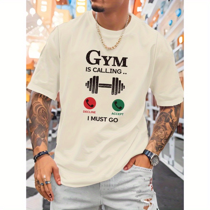 

Funny 'gym Is Calling' Print Men's Summer Short-sleeve Casual T-shirt - Round Neck, Soft Knitted Fabric, Regular Fit