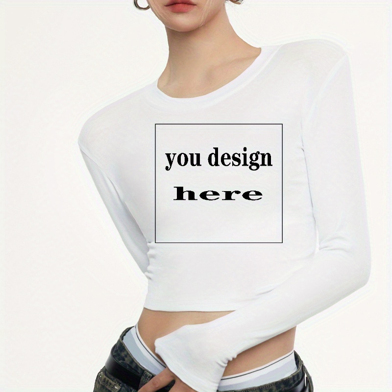 

Customized Graphic Print Crop T-shirt, Y2k Long Sleeve Crew Neck T-shirt For Spring & Fall, Women's Clothing