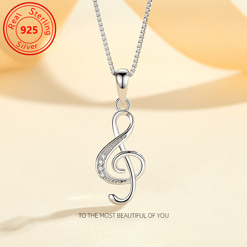 

S925 Sterling Silver Note Necklace - Luxurious Platinum Plated With Sparkling Note Pendant - Is For Couples