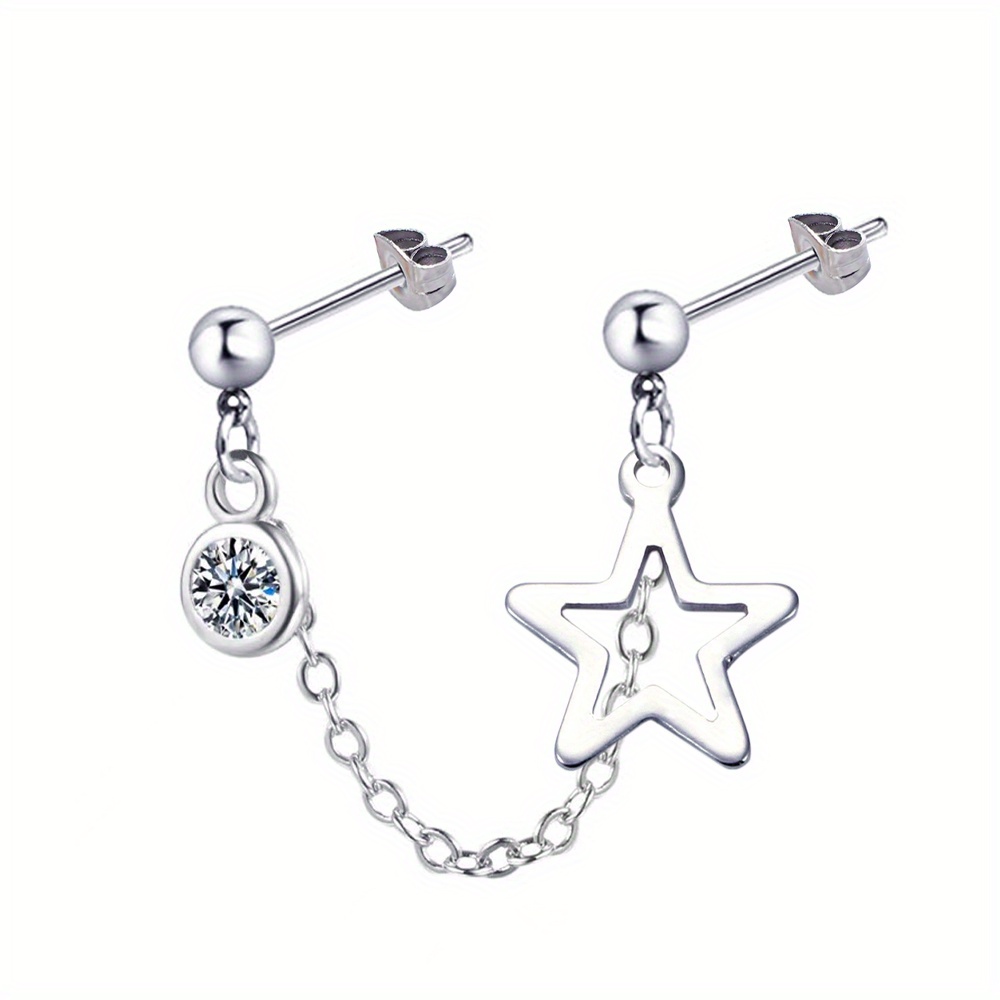 A Hollow Star Chain Artificial Zirconia Pendant Double Hole Stainless Steel Earrings