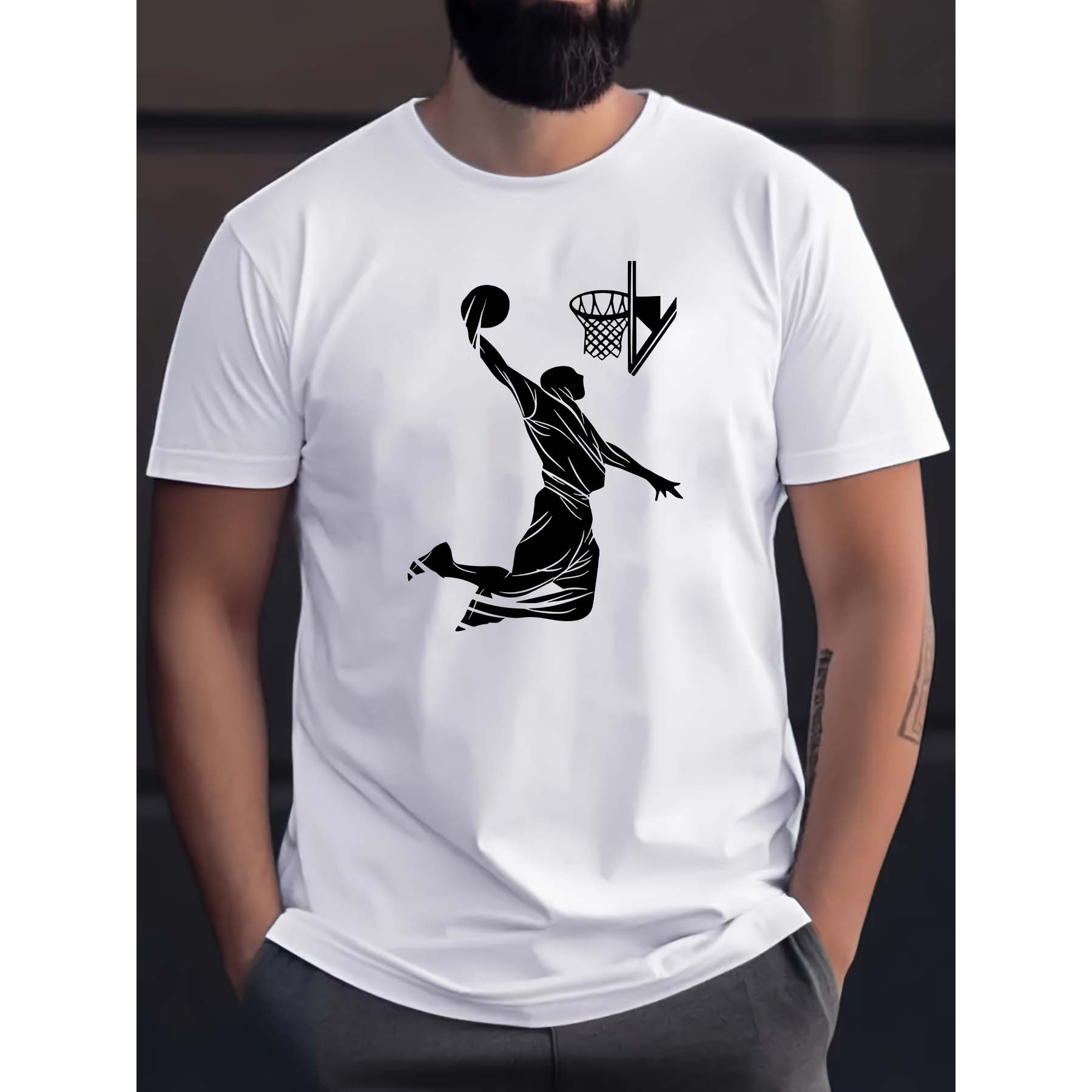 

Basketball Jump Silhouette Print Short Sleeved T-shirt, Casual Comfy Versatile Tee Top, Men's Leisure Everyday Spring/summer Clothing