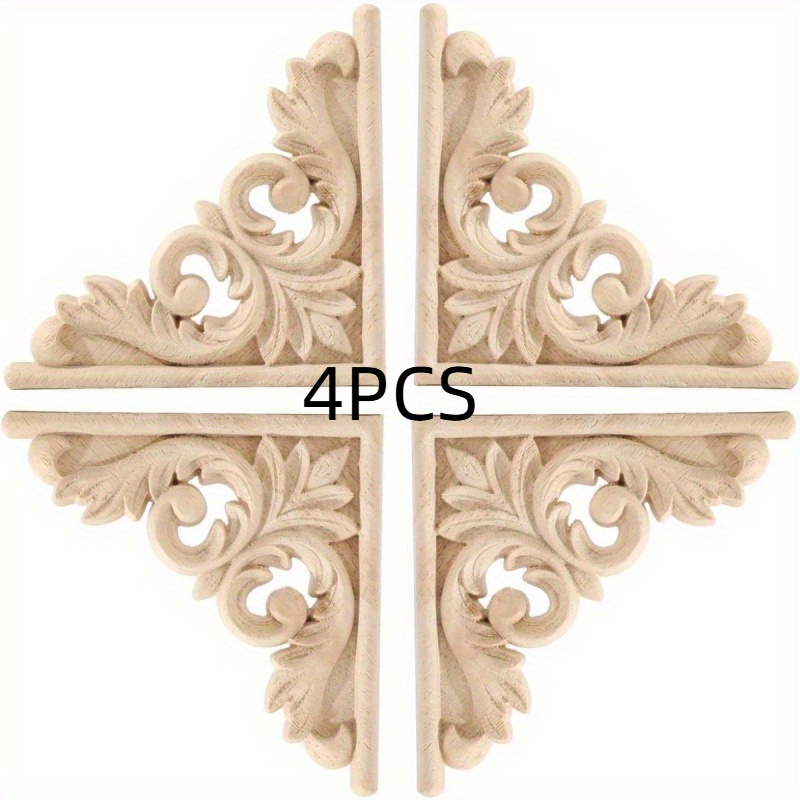 Image of 4pcs Unpainted Wooden Appliques - Carved Corner Decals For Diy Home & Furniture Decor, Horizontal Orientation, Featherless, No Power Needed