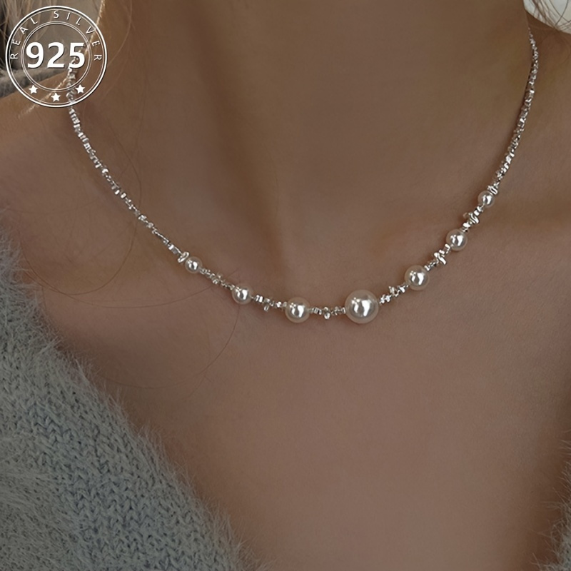 

Elegant Necklace With Shiny White Imitation Pearls - Unique Design In Sterling Silver - Dainty Neck Accessory For A Chic Look - Beautifully Made And Comes With A Gift Box