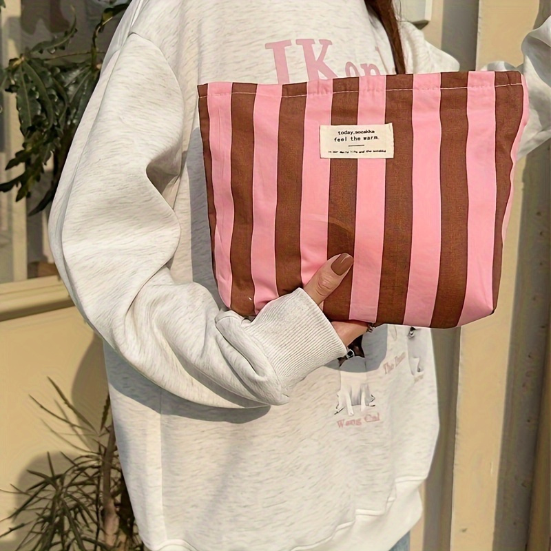 Image of Easy Striped Pattern Cosmetic Bag, Casual Zipper Large Capacity Cosmetic Bag, Portable Travel Wash Supplies Storage Bag