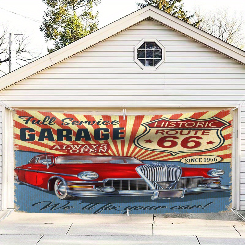 

1pc Vintage Car Garage Door Decoration Banner, Large Retro Race Car Polyester Mural For Outdoor Wall Decor, Full Service Route 66 Design, Fall Theme, Includes Hanging Accessories