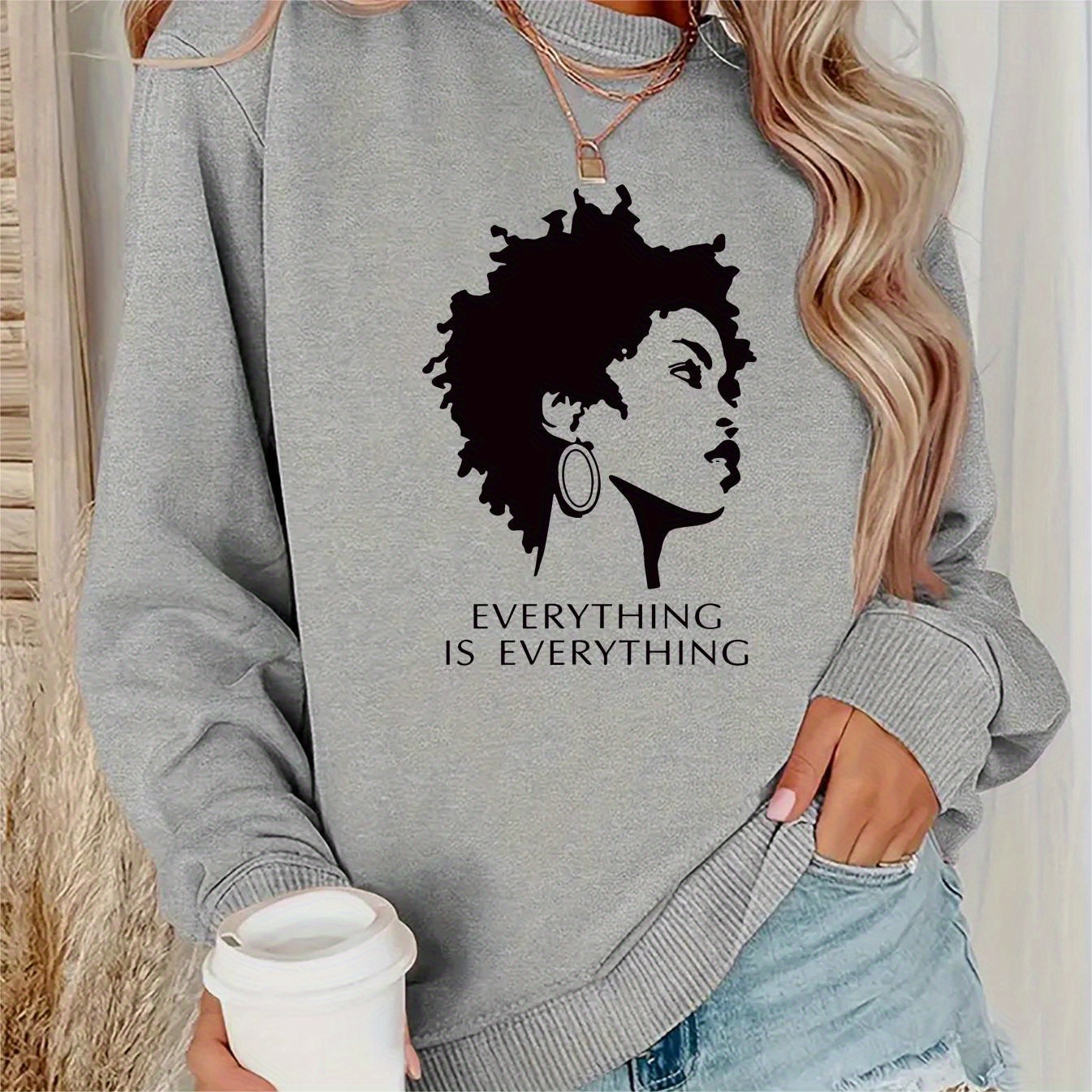 

Fashion Portrait Print Sweatshirt, Casual Versatile Long Sleeve Crew Neck Sweatshirt, Suitable For Autumn And Winter, Women's Clothing